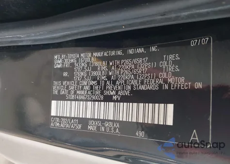 2007 Toyota Sequoia Limited V8 из США, поврежденный, VIN 5TDBT48A67S290028